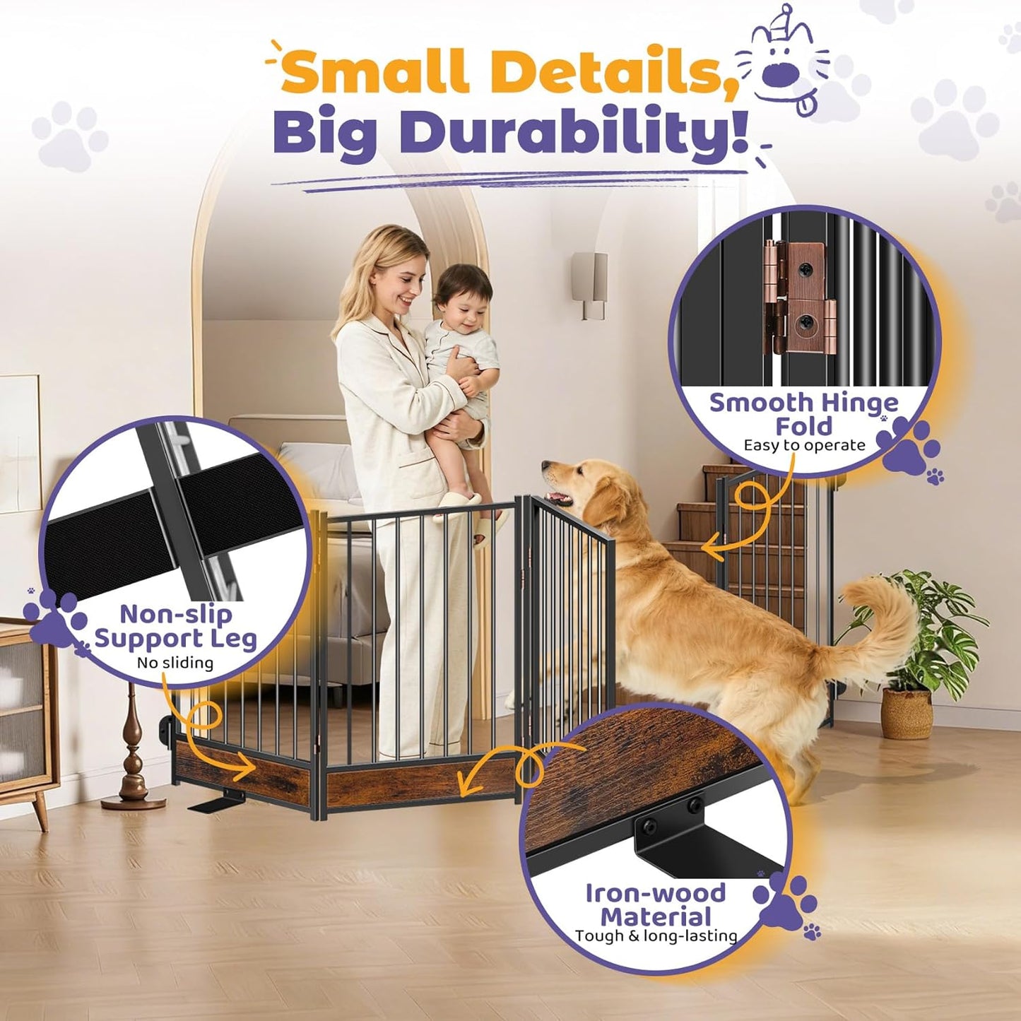 Freestanding Short Dog Gate, 16" Tall Pet Gate Indoor with Support Feet Easily Step Over, 4 Panel Metal Wood Foldable Pet Dog Gate, Up to 48" Wide Puppy Fence, Puppy Gate for for Doorway&Hallway Black