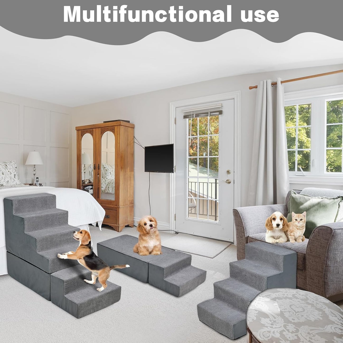 Dog Stairs for High Beds 30-36 inches Tall, 6-Step Dog Steps for Bed 32-36 inches for Small Large Dogs, Doggie Ramp for Bed, 30D Foam Pet Stairs for Old Dogs/Cats, Free-Installation, Grey