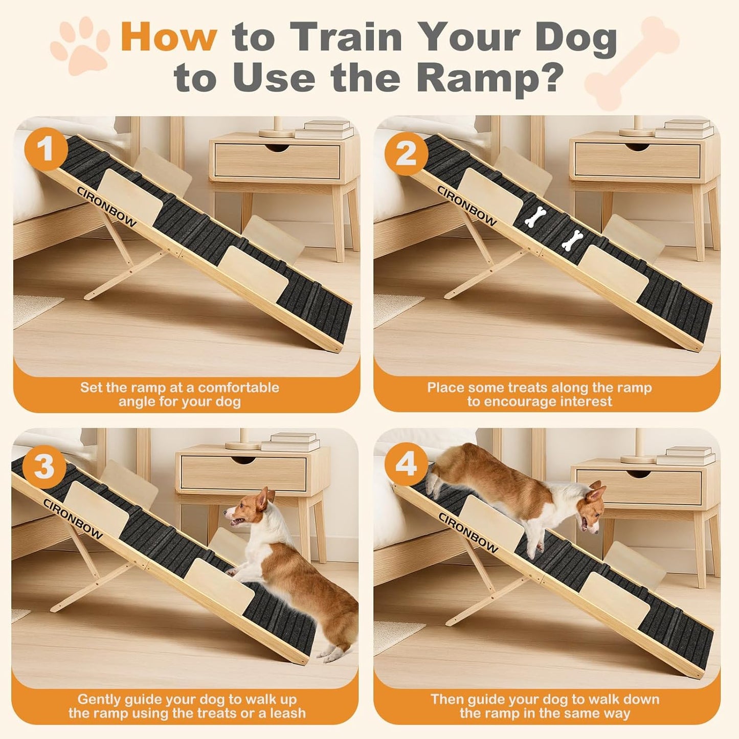 Upgraded Dog Ramp for Bed, Couch, Car, Foldable Pet Ramp, Non-Slip Pad & Safety Baffle-6 Adjustable Height 12" to 30", Portable Stable Pet Steps for Small & Medium Old Dogs & Cats ﻿