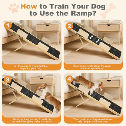 Upgraded Dog Ramp for Bed, Couch, Car, Foldable Pet Ramp, Non-Slip Pad & Safety Baffle-6 Adjustable Height 12" to 30", Portable Stable Pet Steps for Small & Medium Old Dogs & Cats ﻿