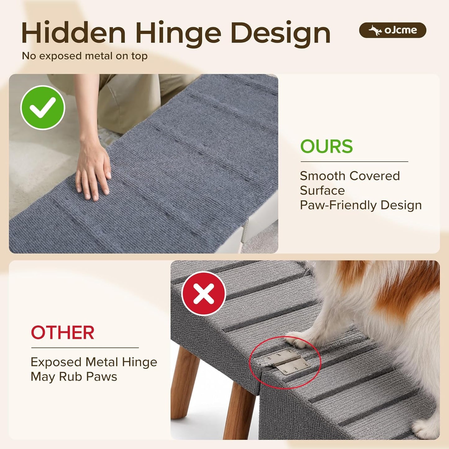2 in 1 Ottoman Dog Ramp, Split Pet Stairs Footstool for Couch, Folding Dog Ramp Stool with 6 Anti Slip Wooden Rails, Fabric Surface, 4 Leveling Feet, 150 lb Capacity, Easy Clean Faux Leather