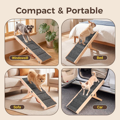 Foldable Dog Ramp for Bed & Couch, Portable Dog Stairs for Small Dogs with 4 Adjustable Heights from 9.25'' to 17.72", Wooden Pet Ramp Steps with Non-Slip Pad for Sofa