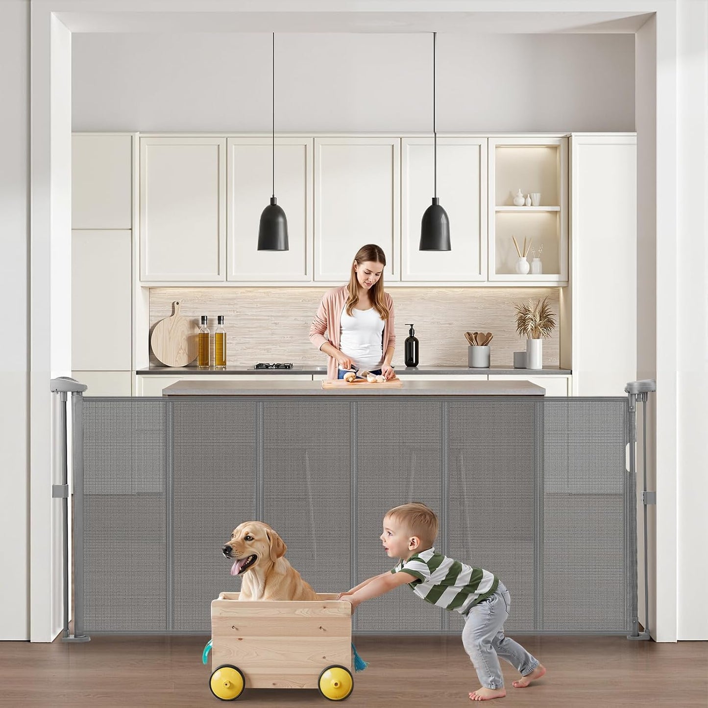 VEVOR Retractable Baby Gate, 34 inch Tall, Extends up to 110 inch Wide, Retractable Gate for Kids or Pets, Mesh Material, Easy to Install for Indoor Stairs, Doorways, Hallways, Playrooms, Gray