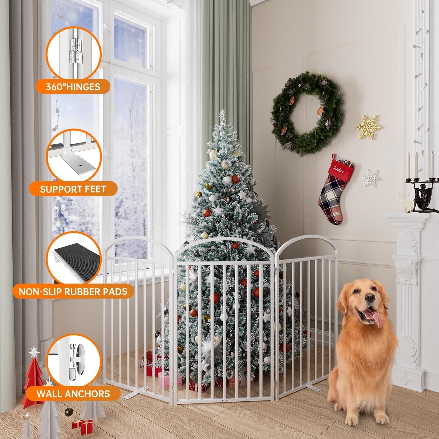 SNUOWU 4 Panels Full Matel Freestanding Dog Gates with Door, 96"Extra Wide 32"Tall Free Standing Dog Pet Gate for Indoor & Outdoor. Foldable Pet Fences for Doorways, House, Stairs, Porch, Deck, Yard