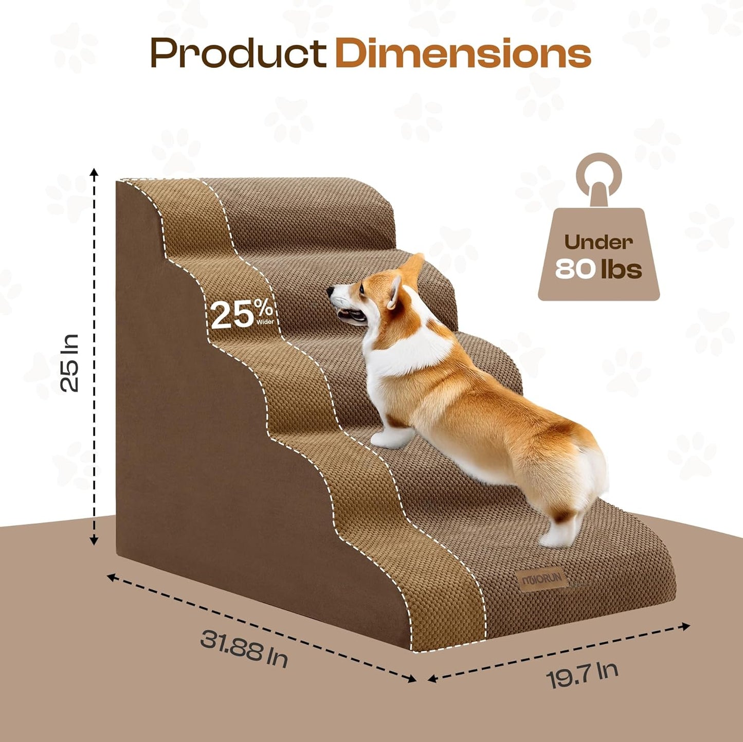 Extra Wide Dog Stairs for Large Dogs Up to 80lbs, 25" Pet Steps for High Bed with Washable Cover, 5-Step Foam Bed & Couch Ladder for Small Medium Dogs & Senior Cat, Gray