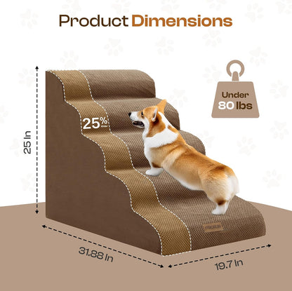 Extra Wide Dog Stairs for Large Dogs Up to 80lbs, 25" Pet Steps for High Bed with Washable Cover, 5-Step Foam Bed & Couch Ladder for Small Medium Dogs & Senior Cat, Gray