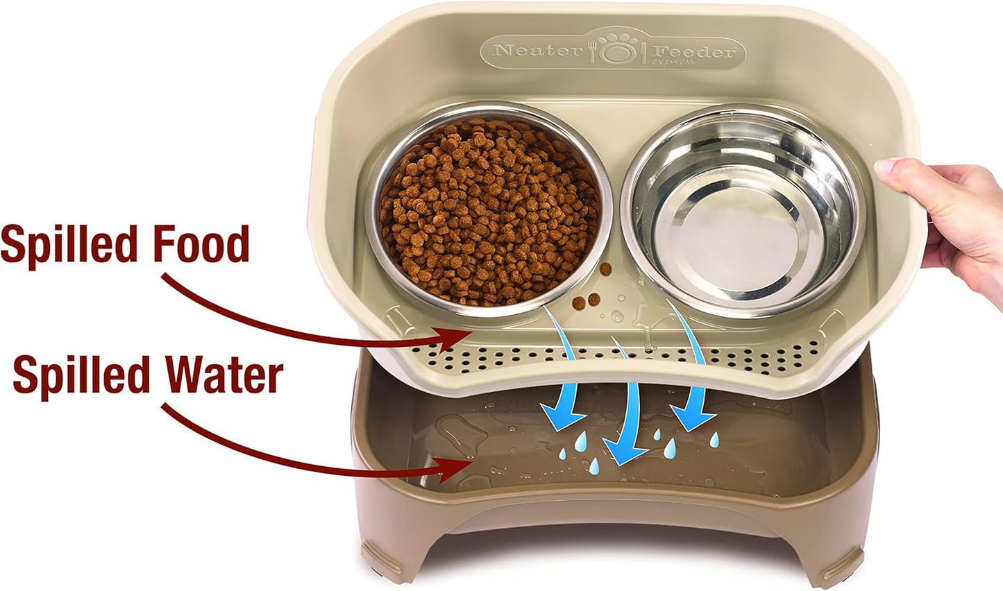 Neater Feeder Express Mess Proof Dog Bowls Elevated for Small Breeds under 15 Lb, Made in USA, No Spill Raised Dog Food Bowl Stand, Stainless Steel Food and Water Bowl Set, Feeding Station, Cappuccino