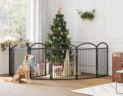 Folding No-Assembly Freestanding Dog Gate with Door,32" Heights Foldable Pet Fence,144" Extra Wide Accordion Puppy Folding Playpen for Doorways,House,Stairs (6 Panels,White)