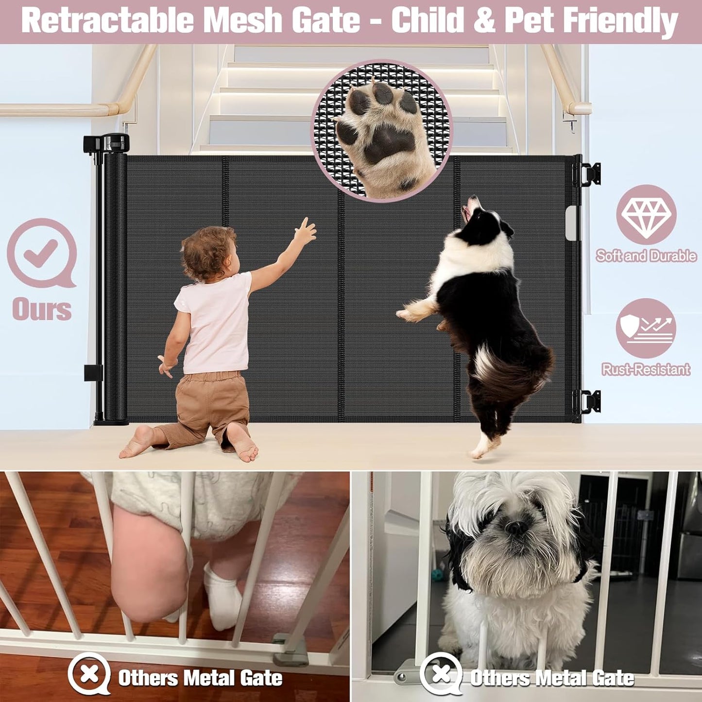 Reinforced 56" Wide Retractable Baby Gates for Doorways with Support Rods - Prevent Crawling Under Retractable Gate, Mesh Pet Gate for Stairs Retractable Dog Gates for The House Indoor/Outdoor, Black
