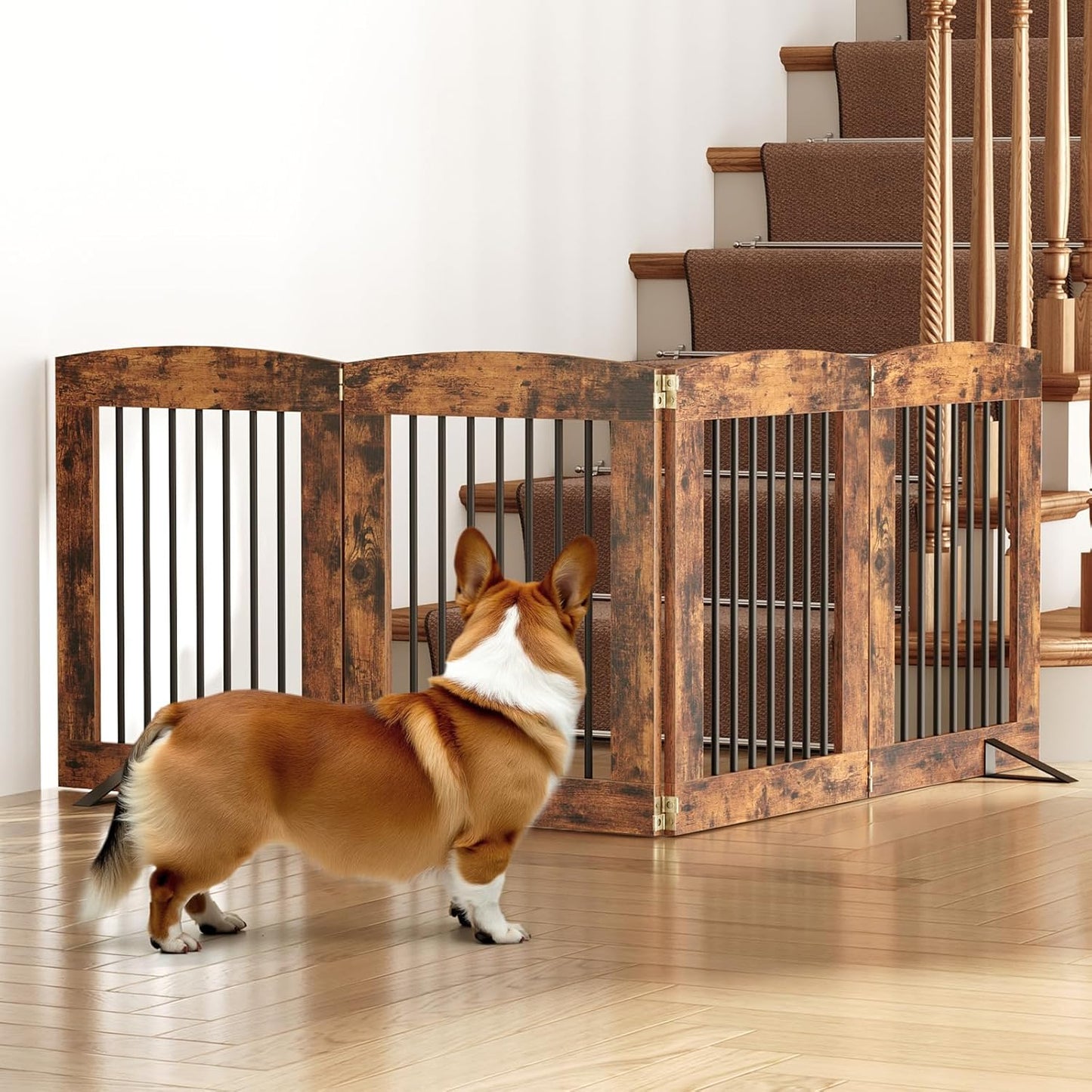 HOOBRO Indoor Dog Gate with Support Feet, Freestanding Pet Gate for Doorway, Stairs, 31.5 Inch 3 Panels, Folding Dog Fence, 360° Hinge for Easy Access, Sturdy Iron Pipe, Rustic Brown BF06PP03