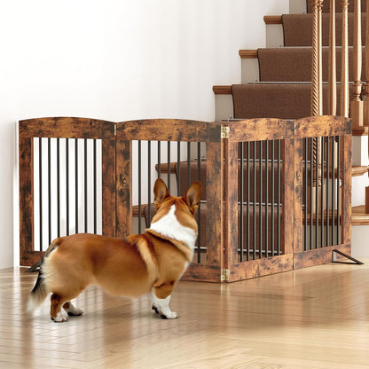 HOOBRO Indoor Dog Gate with Support Feet, Freestanding Pet Gate for Doorway, Stairs, 31.5 Inch 3 Panels, Folding Dog Fence, 360° Hinge for Easy Access, Sturdy Iron Pipe, Rustic Brown BF06PP03