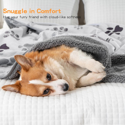 Waterproof Dog Blankets Pet Blanket 50"x60", Soft Fluffy Sofa Car Bed Protector, Reversible Sherpa Fleece Dog Blanket for Large Dogs (Dark Grey-Paws)