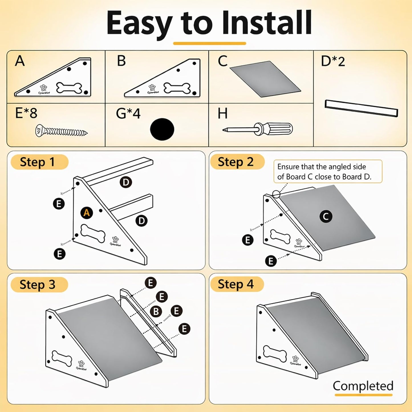 Wooden Dog Ramp for Bed, Sofa - Portable Pet Ramp with Non-Slip Carpet Surface & Bone-Shaped Handle, Senior Dog Stairs for Small Medium Breeds