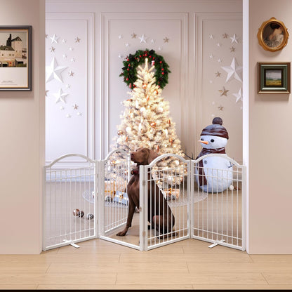 BHG Metal No-Assembly Freestanding Dog Gate with Door Walk Through, Extra Wide 144", Extra Tall 32" Pet Gate, Accordion Puppy Folding Playpen Dog Fence, with 2PCS Support (Black, 6 panesl)