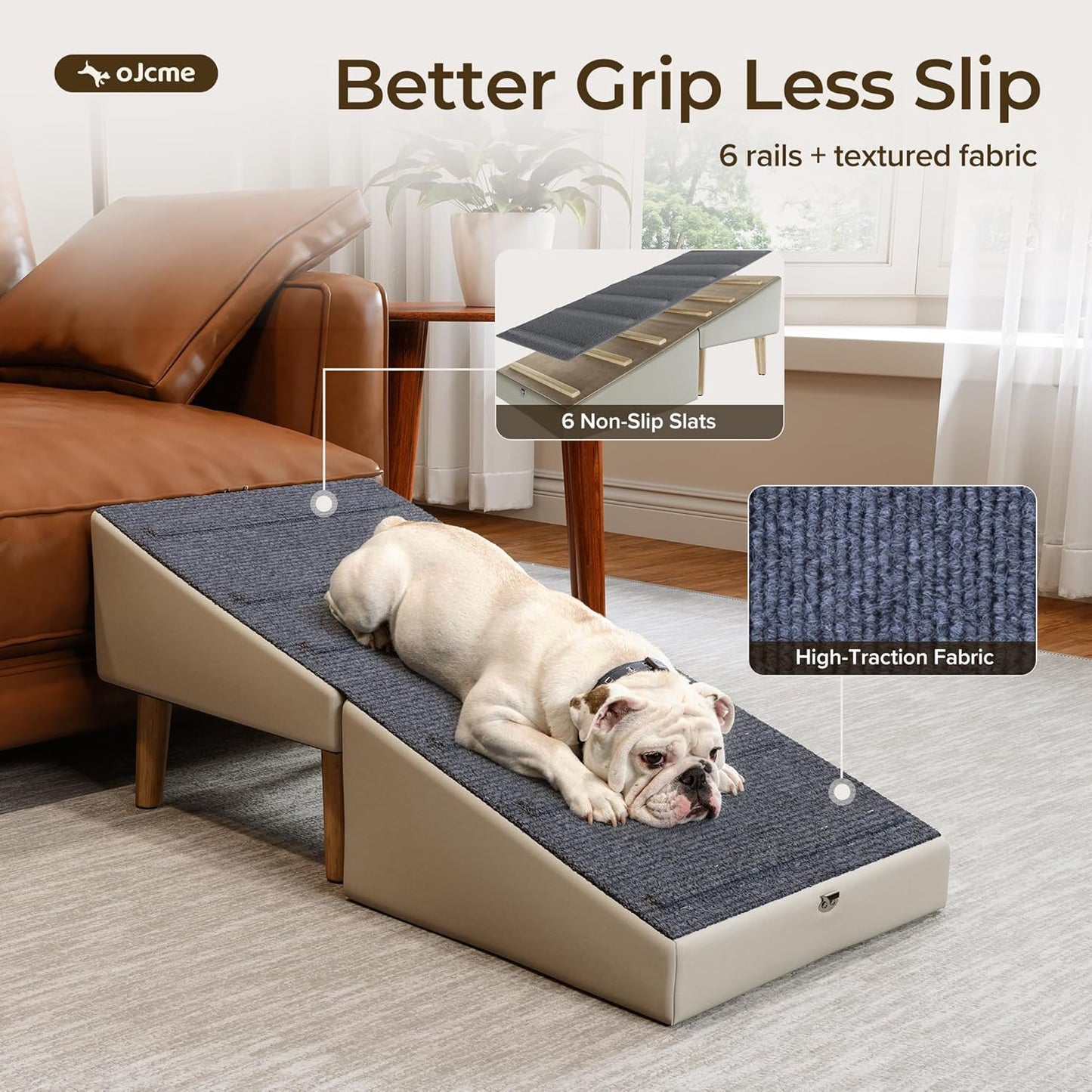 2 in 1 Ottoman Dog Ramp, Split Pet Stairs Footstool for Couch, Folding Dog Ramp Stool with 6 Anti Slip Wooden Rails, Fabric Surface, 4 Leveling Feet, 150 lb Capacity, Easy Clean Faux Leather