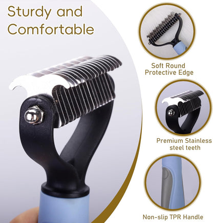 Double Row Undercoat Rake for Dogs & Cats - Wooden Handle Metal Dog Comb, Pet Grooming Dog Rake for Deshedding & Detangling