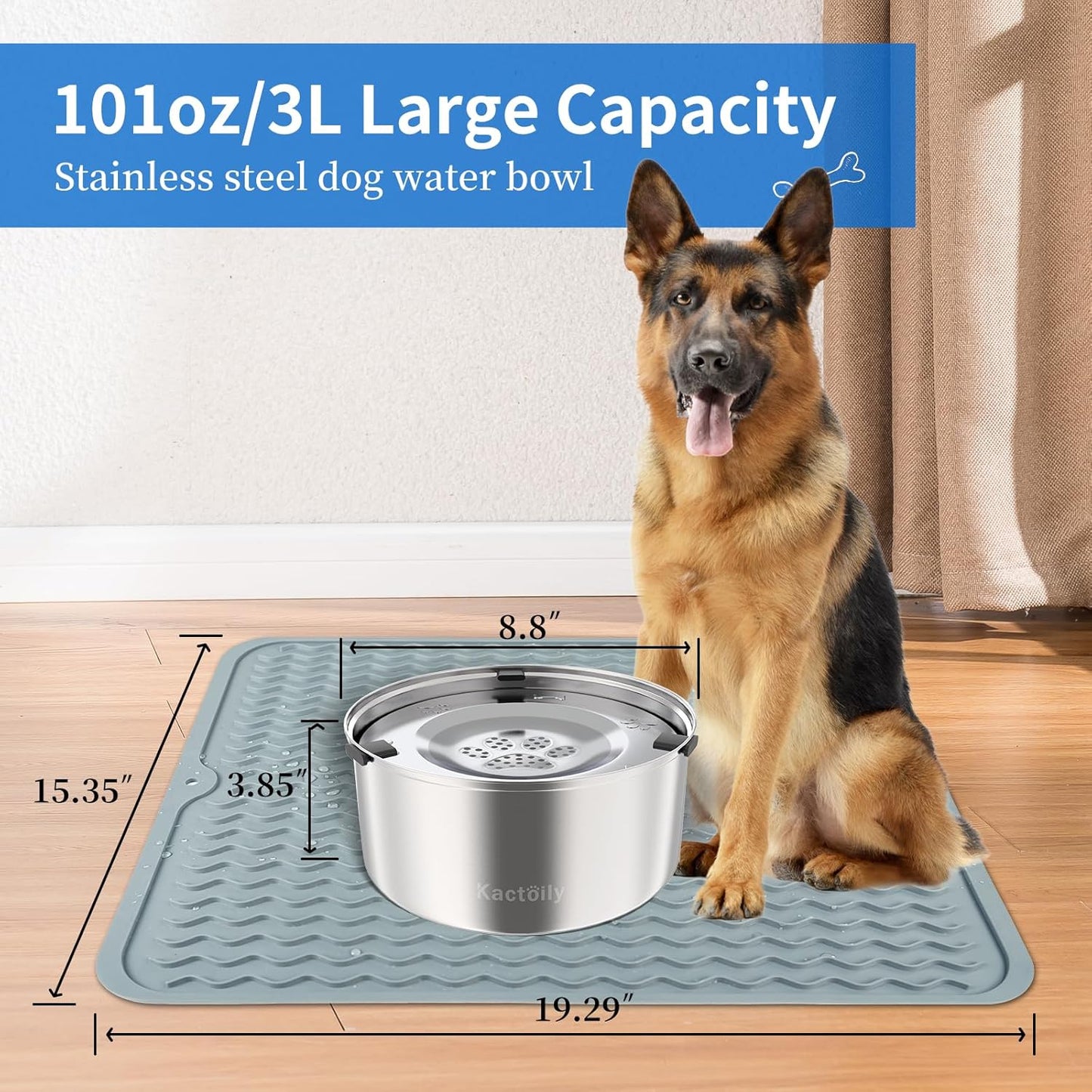 Kactoily 3L/101oz Large Capacity Dog Water Bowl Stainless Steel No Spill Dog Bowls Slow Drinking Dog Water Feeder Dispenser