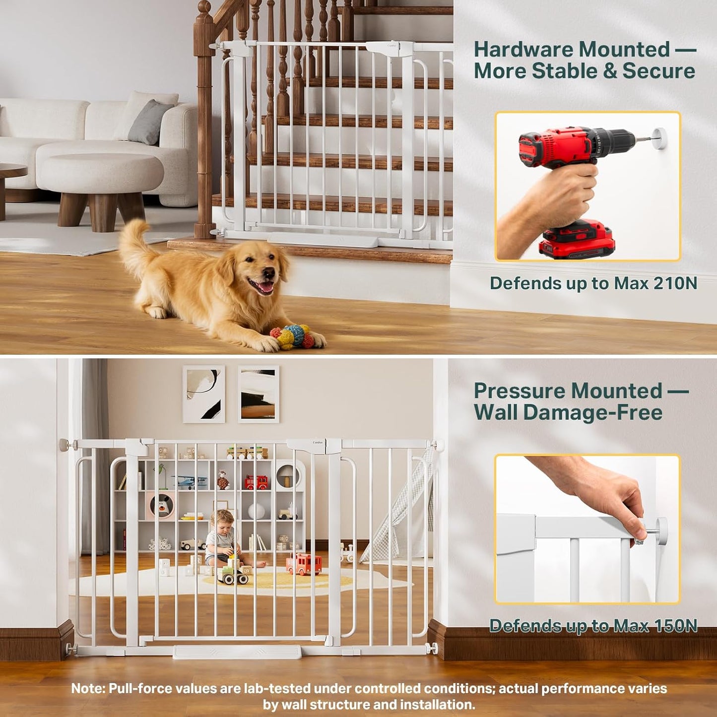Cumbor 36.6-64" Extra Wide Baby Gate for Stairs, Dog Gates for Doorways, Auto-Close Pet Gate Indoor, Pressure Mounted Walk Through Safety Child Gate for Kids Toddler, Tall Pet Puppy Fence Gate, Brown