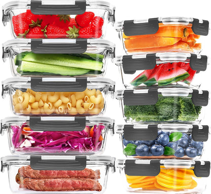 Skroam 10 Pack Glass Meal Prep Containers, 22 OZ Glass Airtight Food Storage Containers with Lids, Pantry Kitchen Storage Containers for Lunch, Food Storage, Meal Prep, Lunch Bento Boxes