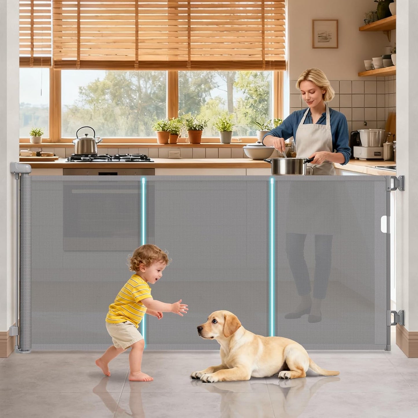 160 Inch Retractable Baby Gates Extra Wide, 42 Inch Extra Tall Retractable Gate, 13 FT Reinforced Retractable Dog Gate with Reinforcement Rod to Prevent Crawling Through, for Doorways, Stairs, Hallway