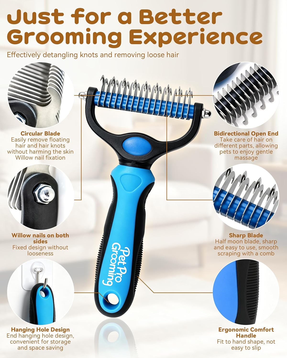 Tool, 2-In-1 Double-Sided Grooming Tool, Deshedding Dog Brush, Pet Shedding Remover Rounded-Tooth Comb For Painlessly Removing Knots And Loose Hair (Blue-Large)