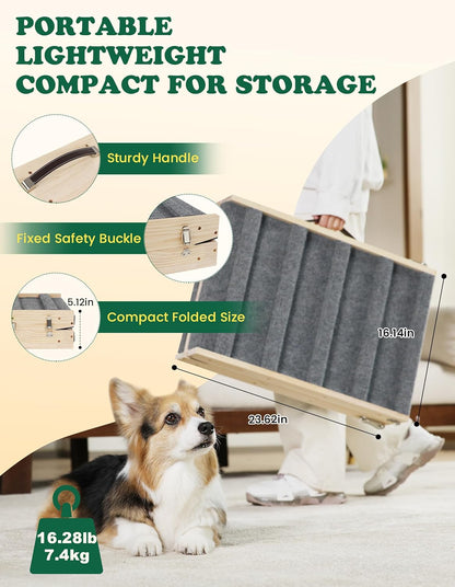 Dog Ramp Dog Stairs for Small Dogs Foldable Dog Ramp with 4 Adjustable Heights from 7.48'' to 15.35" Wood Stairs with Non Slip Carpet Portable Pet Ramp for Couch, Sofa, Low Bed (Natural Wood)
