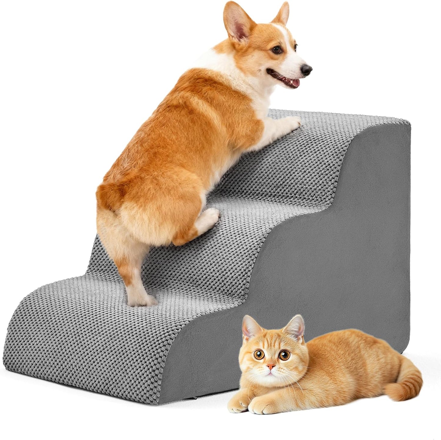 DUMOS Dog Stairs for Small and Medium Dogs, 3-Step Pet Steps with High-Density Foam, Indoor Non-Slip Pet Ramp for Puppy and Older Dogs Cats, Dog Bed Stairs for Couch and Sofa, Grey
