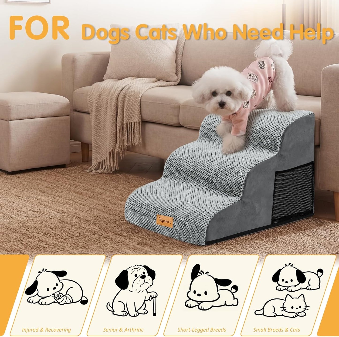 Topmart High Density Extended Foam Dog Ramp&Steps 2 Tiers,11.8" High,Non-Slip Dog Stairs,Soft Foam Pet Ladder with Removable Cover,Best for Injured,Older Cats,Pets with Joint Pain