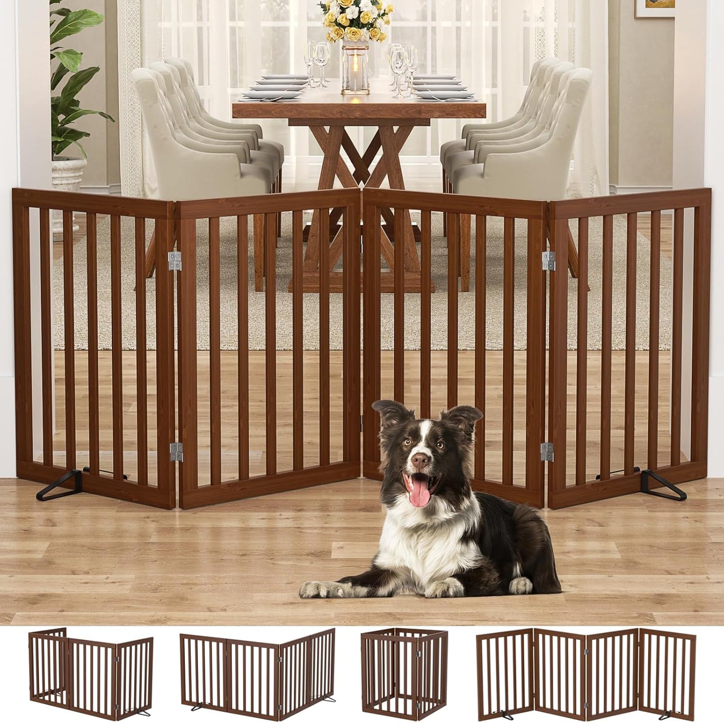 Homykic Bamboo Freestanding Dog Gate, No Assembly Pet Gate Indoor, 24”H x 75”W Extra Wide Foldable Puppy Fence with Support Feet for the House, Doorways Stairs, 4 Panels, No Drilling, Espresso