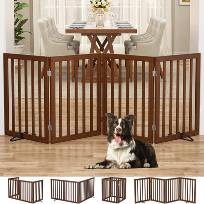 Homykic Bamboo Freestanding Dog Gate, No Assembly Pet Gate Indoor, 24”H x 75”W Extra Wide Foldable Puppy Fence with Support Feet for the House, Doorways Stairs, 4 Panels, No Drilling, Espresso