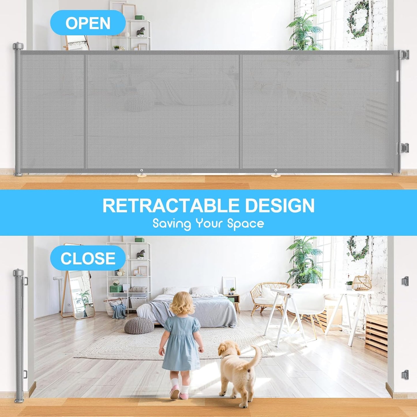 Upgrade 120 inch Retractable Baby Gates, EZIGO Extra Wide Baby Gate for Large Opening Extra Long Mesh Gate for Kids or Pet Dog Gate Child Safety Gate for Stairs Hallways Doorway Indoor Outdoor, Gray