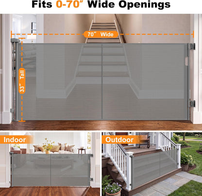 Reinforced 70” Wide Retractable Pet Gate Indoor Dog Gates Outdoor Retractable Baby Gate with Support Rod to Prevent Bottom Escape 33” Tall Child Safety Gates for Stairs Doorway Hallway Deck