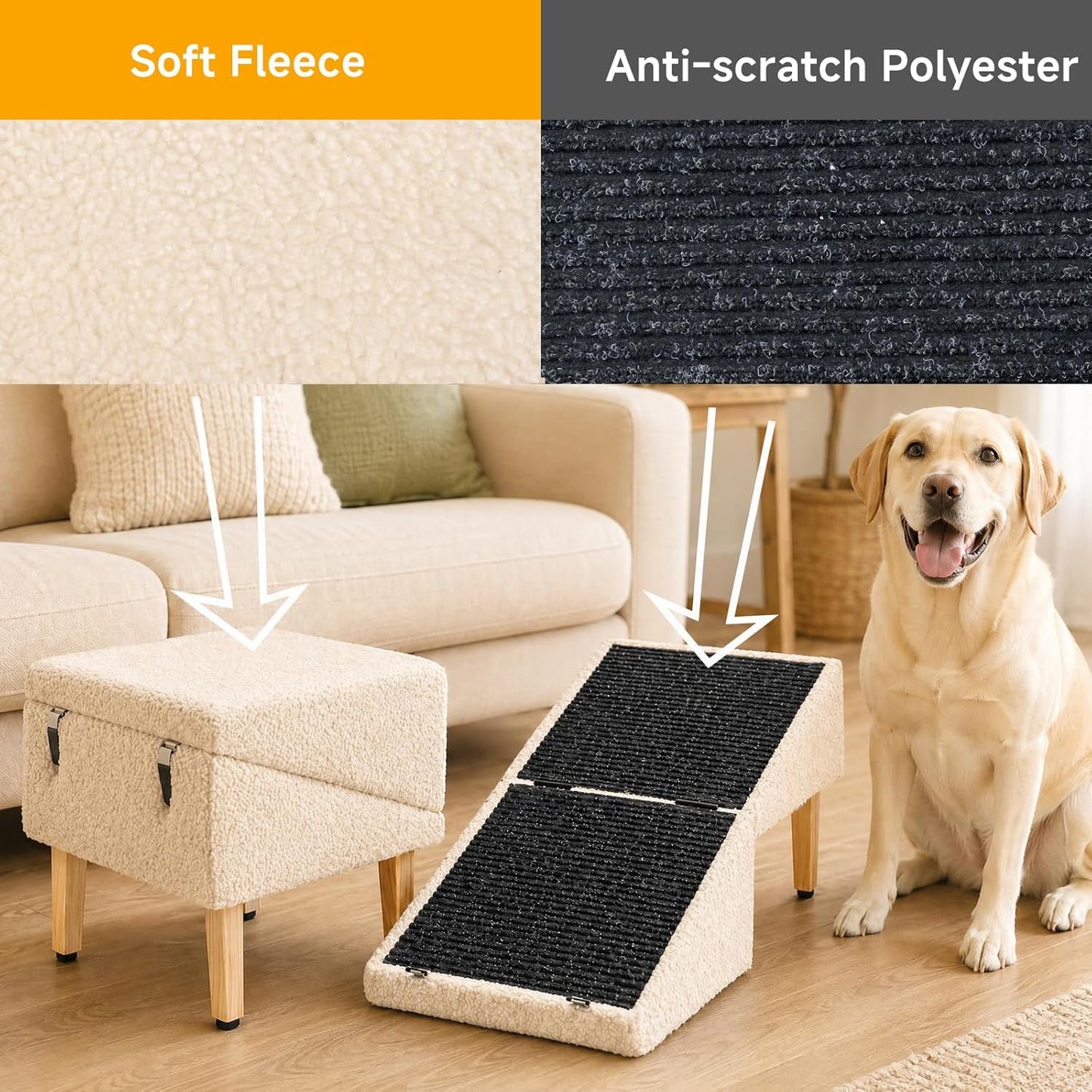 3-in-1 Dog Ramp with Storage 18.9"×17.7"×18.9", Dog Steps Anti-Slip, Foldable Pet Stairs, Ottoman Pet Ramp for Puppy Senior or Injured Dogs & Cats, Supports 220 lbs for Couch & Bed