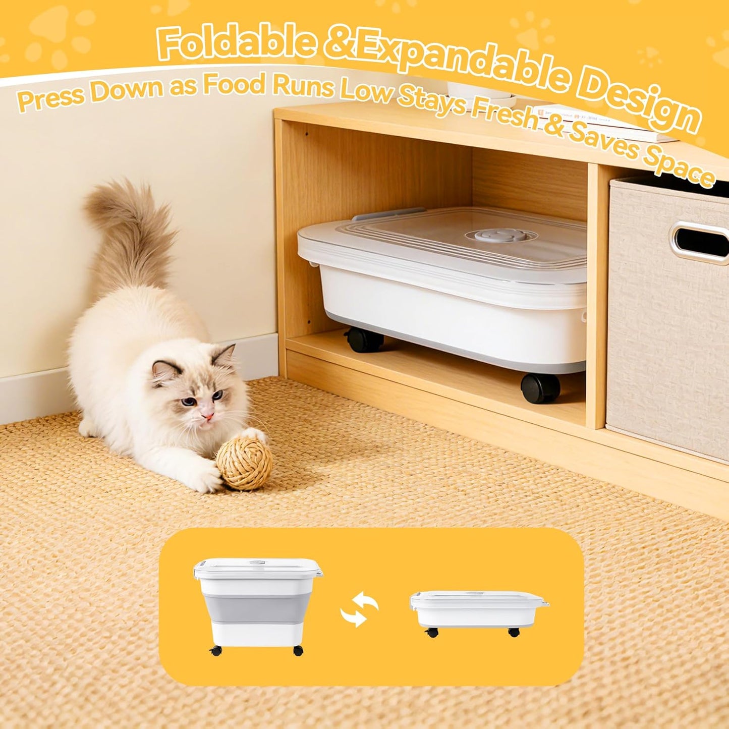 Dog Food Storage Container 30-40lbs, Airtight Pet Food Bin with Locking Lid & Clear Window, Collapsible Rolling Storage Container with Wheels & Scoop, Gray