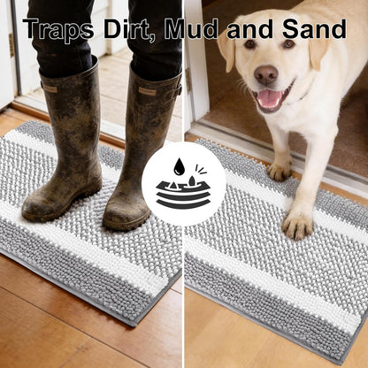 pobopobo Dog Door Mat for Muddy Paws - Absorbent & Washable Chenille Rug, Non-Slip Dirt Trapper for Indoor Outdoor Entryway, Quick Dry Pet Mat for Muddy Dogs (Striped Gray-Blue&White, 24" x 16")