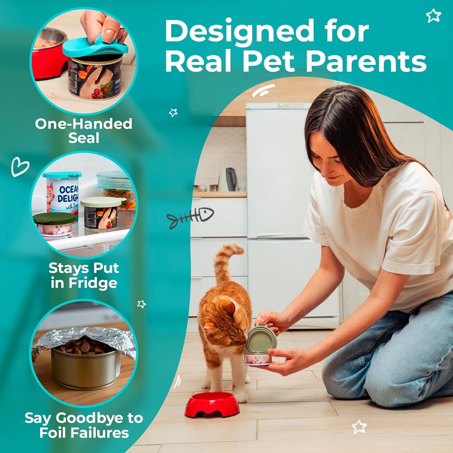 4 Pack Universal Pet Food Can Covers Lids - One fit 3 Standard Size Cans for Cats and Dogs Food Cans - Easy to Clean - Safe Silicone - Pastel Meadow