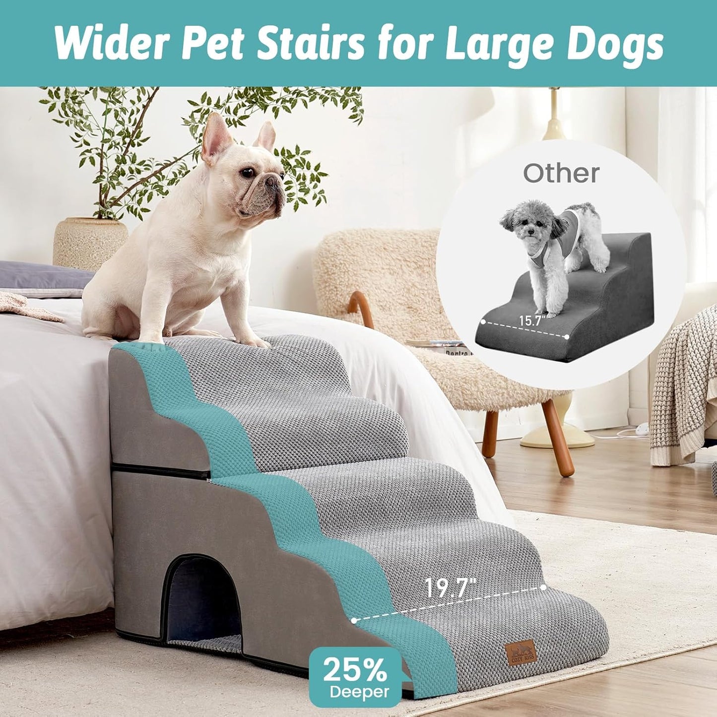 COZY KISS Extra Wide Dog Stairs with Tunnel, Foam Detachable Large Dog Step for Small Pet, Puppy or Cats, Medium Pet Ramp for High Bed, Couch, Sofa or Car, 19.7x33x22.4 inch, 5 Step, Beige
