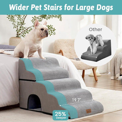 COZY KISS Extra Wide Dog Stairs with Tunnel, Foam Detachable Large Dog Step for Small Pet, Puppy or Cats, Medium Pet Ramp for High Bed, Couch, Sofa or Car, 19.7x33x22.4 inch, 5 Step, Beige