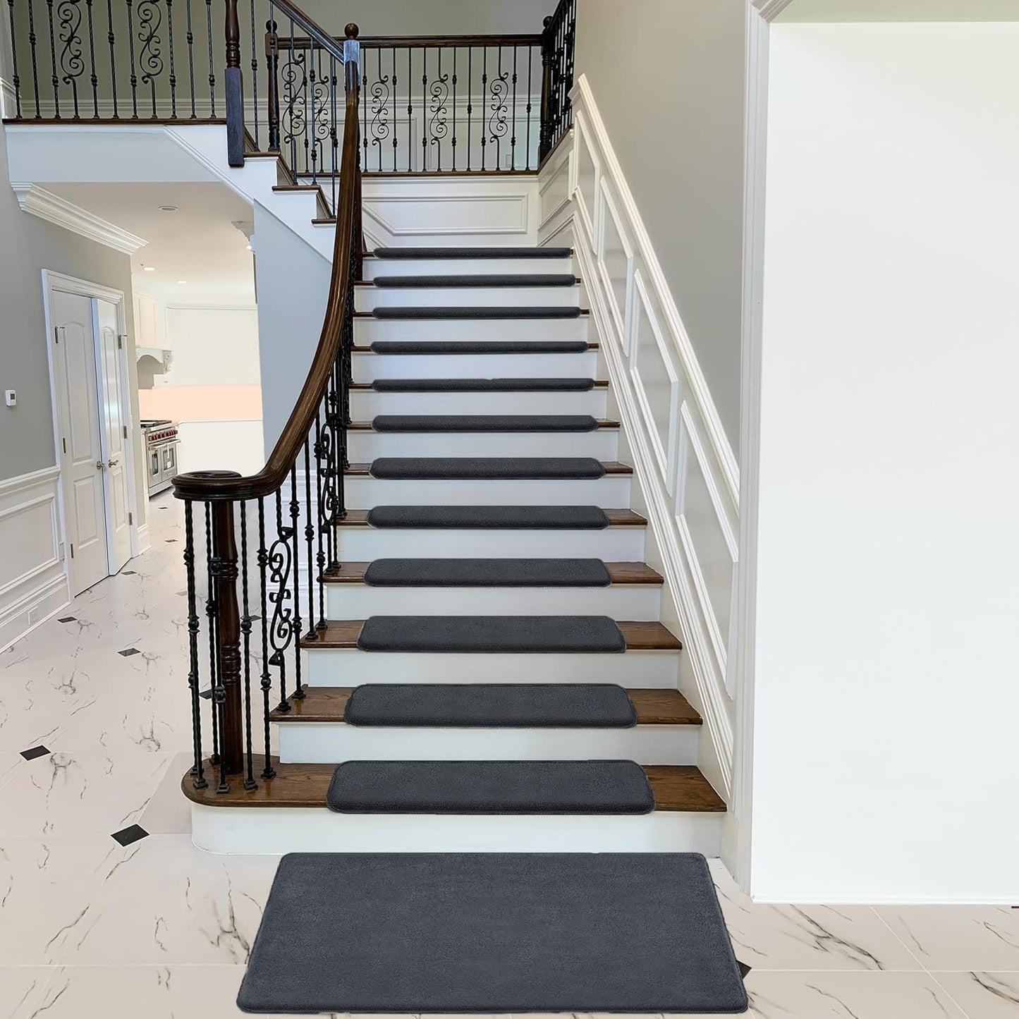 PURE ERA Carpet Stair Treads Ultra Plush 9.5" X 30"Soft Bullnose Indoor Stair Protectors Pet-Friendly Non-Slip Skid Resistant Tape Free Washable Reusable(14 Pieces, Cream Gray)