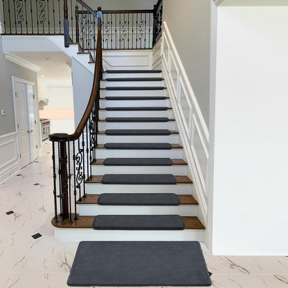 PURE ERA Carpet Stair Treads Ultra Plush 9.5" X 30"Soft Bullnose Indoor Stair Protectors Pet-Friendly Non-Slip Skid Resistant Tape Free Washable Reusable(14 Pieces, Cream Gray)