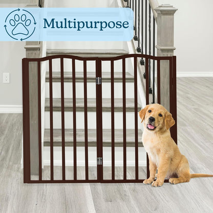 Pet Gate - 4 Panel Freestanding Dog Gate Indoor or Outdoor Use - 74x32-Inch Retractable Dog Fence for Doorways, Hallways, and Stairs - Safety Pet Fence by PETMAKER (Brown)
