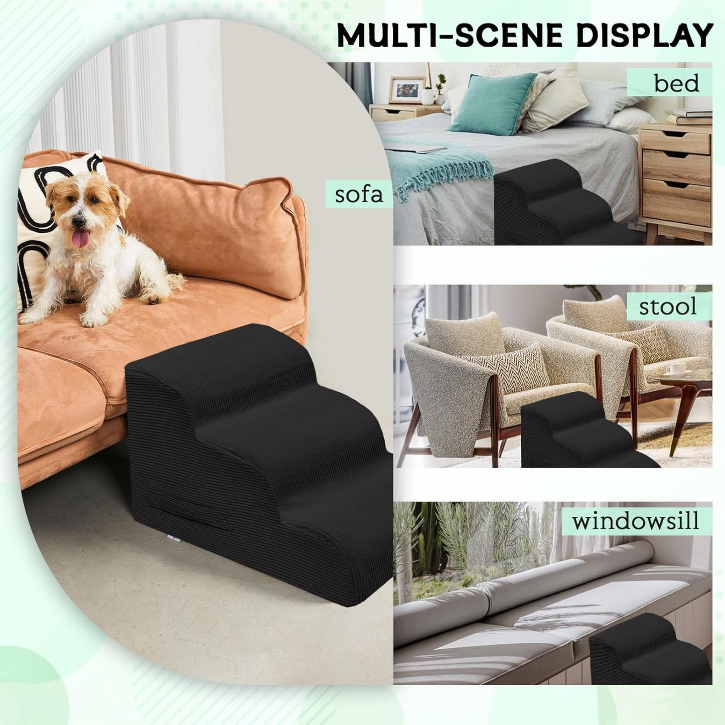 Mesa Lemon Dog Stairs & Steps for High Beds, 3 Steps High Density Foam Waterproof Dog Ramp for Small Dogs and Cats, Pet Stairs with Removable Washable Cover for Bed, Couch, Sofa and Car (H:16")