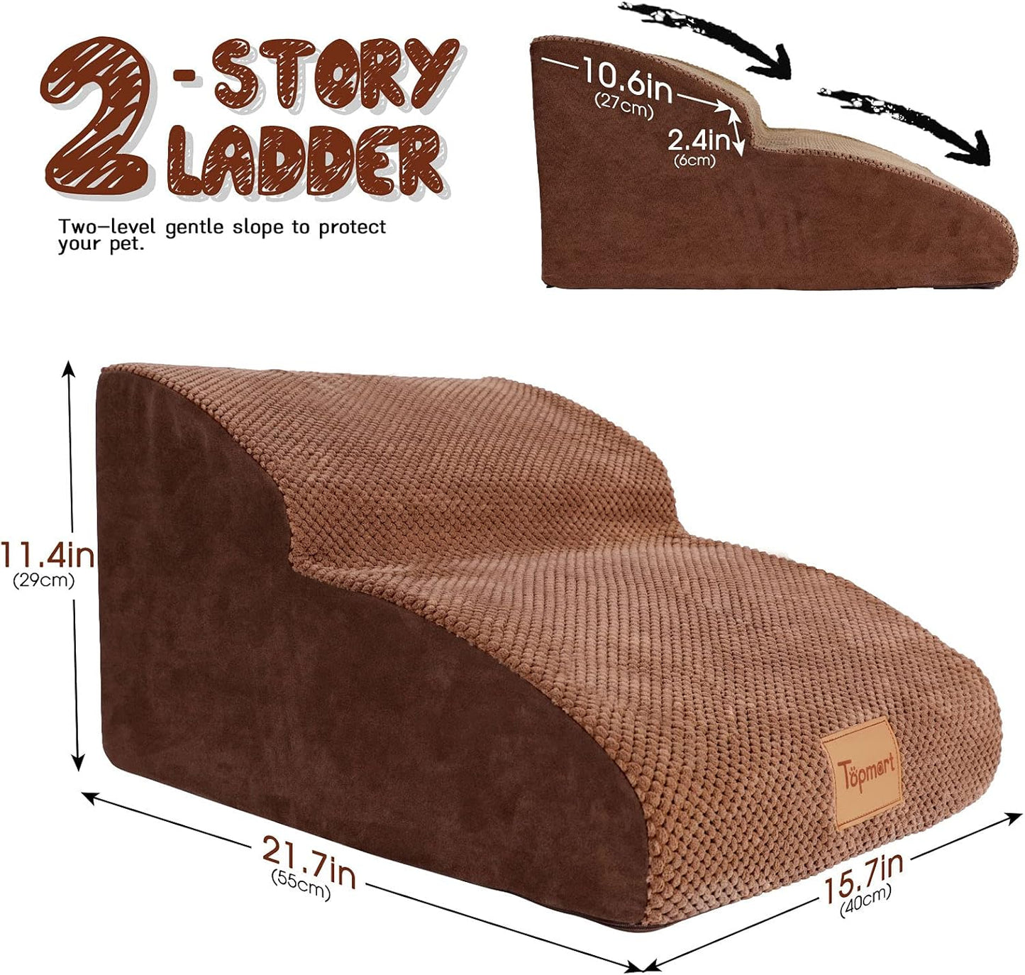Topmart High Density Extended Foam Dog Ramp&Steps 2 Tiers,11.8" High,Non-Slip Dog Stairs,Soft Foam Pet Ladder with Removable Cover,Best for Injured,Older Cats,Pets with Joint Pain