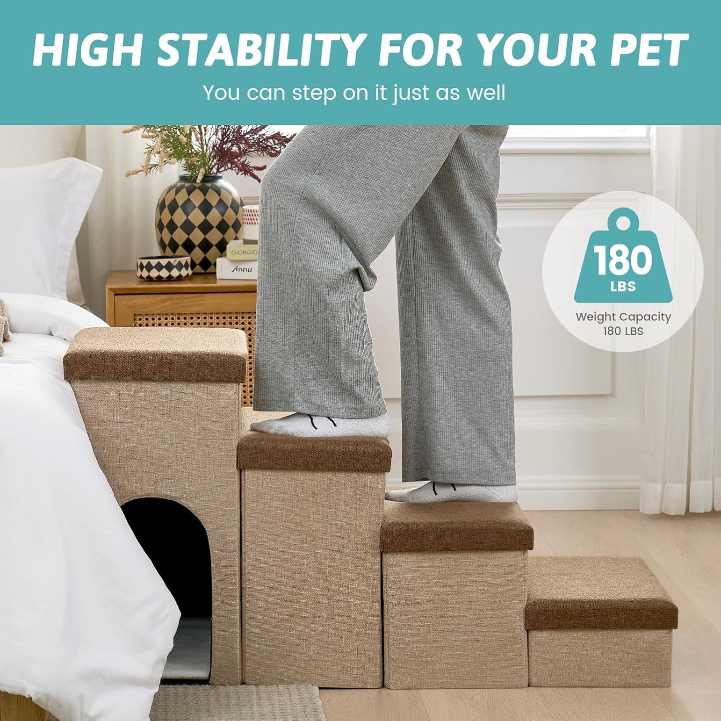 Dog Stairs with Storage, 4-Step Wider Sturdy Dog Steps for Small/Medium/Large Dogs and Older Cats, Folding Doggie Ramp for Bed/Couch/Car Hold Up to 180 lbs (22" H, Brown)