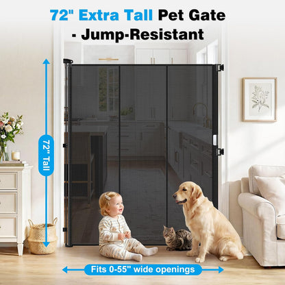 Reinforced 72" Extra Tall Pet Gate for Cat, Dog, Puppy & Baby, Jump-Resistant & Prevent Crawling Underneath Retractable Baby Gates, Fits 0-55" Width Safety Mesh Dog Gate, 6 Foot Extra Tall Cat Gate