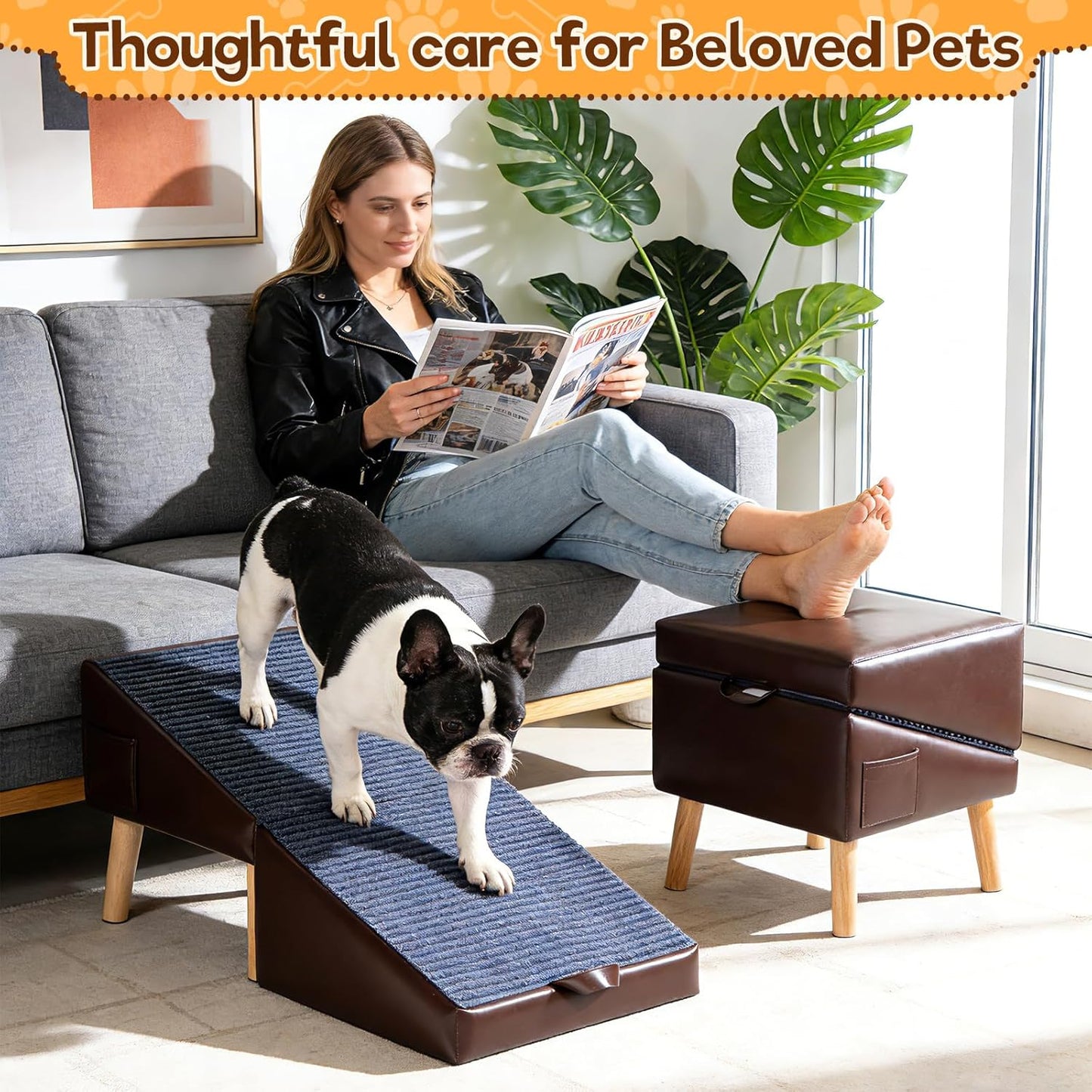 Dog Ramp for Small Dogs, 13.5" H-16 Wide Foldable Dog Stairs Ottoman for Bed and Couch,2 in 1 Pet Ramp & Steps,Split Ottoman Design,Non-Slip Wooden Pet Stairs for Puppy Senior Injured Dogs & Cats