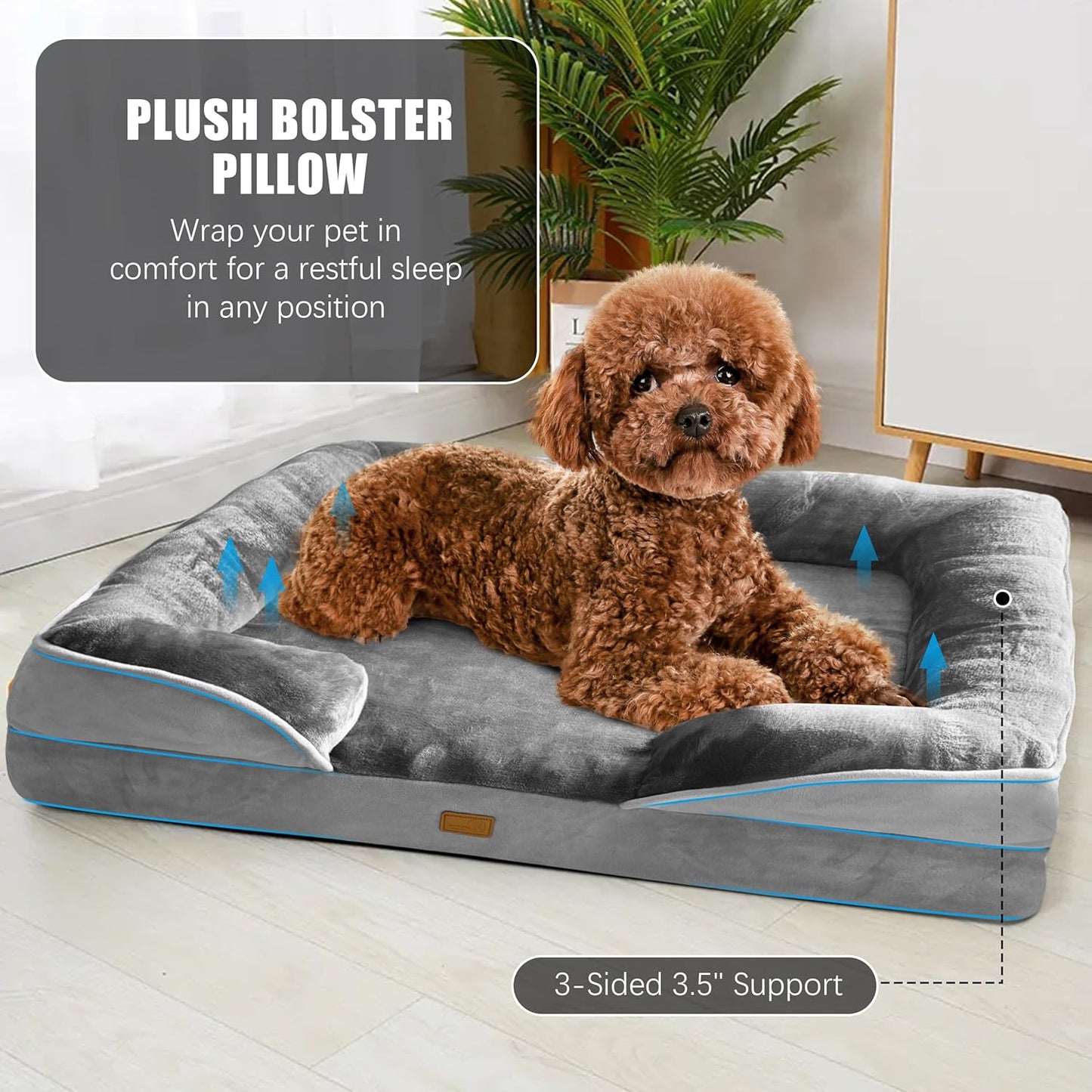 Spotted Play Orthopedic Dog Bed with Sides - Dog Sofa Beds for Medium Dogs, Supportive Foam Pet Couch Bed with Washable Removable Cover, Waterproof Lining and Non-Slip Bottom, Grey - M