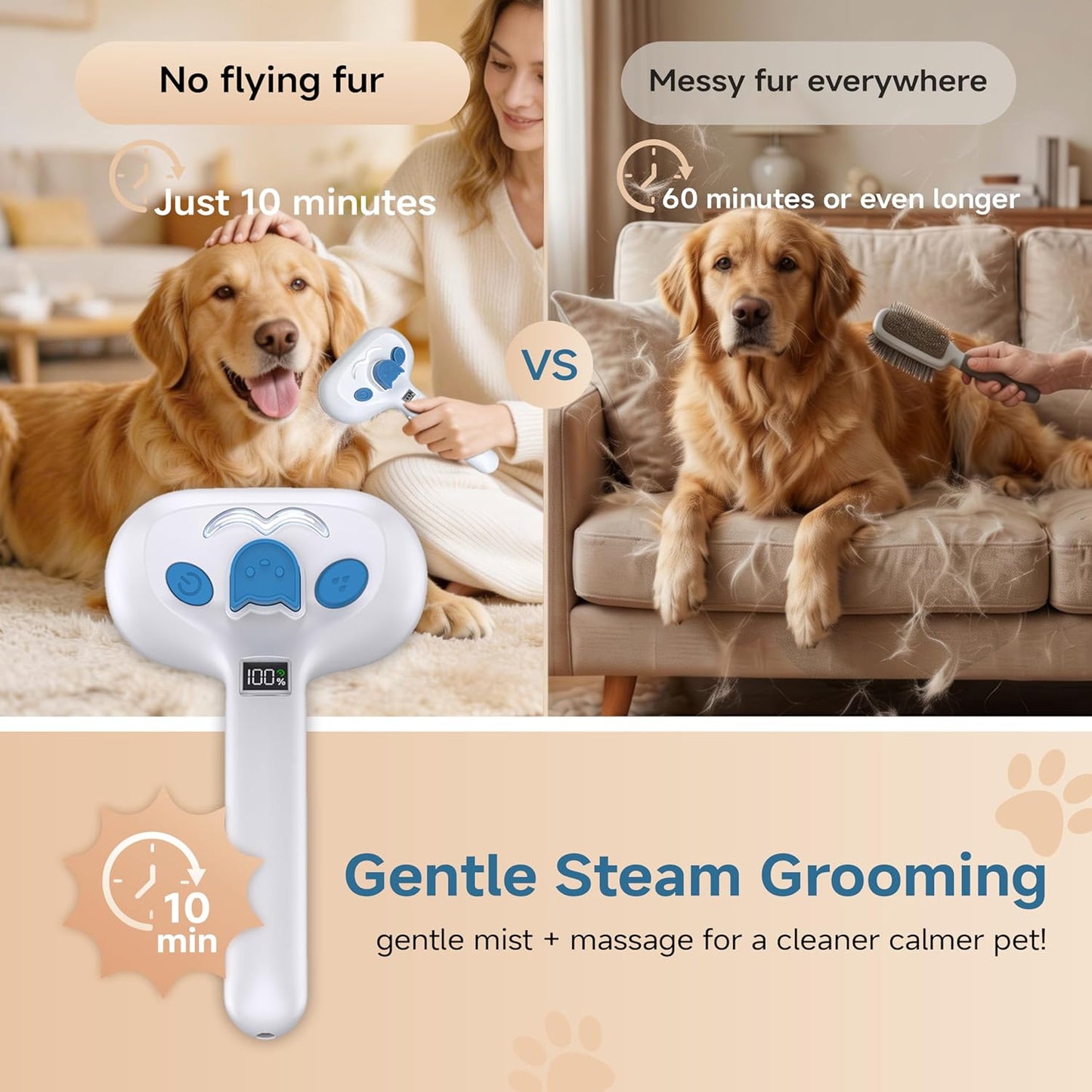 4-in-1 Pet Steam Brush for Dog & Cat with Dual Spray Nozzle | Shedding Hair Removal Comb with Waterless Shampoo, Self-Cleaning Grooming Tool for Anti-Static Skin-Friendly Use (blue)