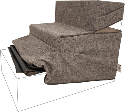 Best Pet Supplies Non-Slip Foam Dog Stair & Pet Ramp, Balanced Indoor Step Support - Foldable Stair, Ash Gray Linen,3-Step