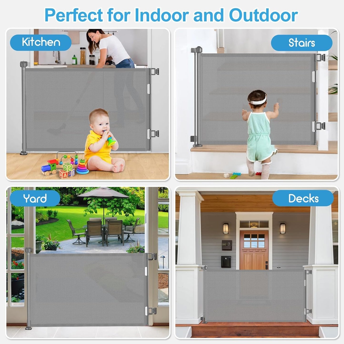 Upgrade 120 inch Retractable Baby Gates, EZIGO Extra Wide Baby Gate for Large Opening Extra Long Mesh Gate for Kids or Pet Dog Gate Child Safety Gate for Stairs Hallways Doorway Indoor Outdoor, Gray